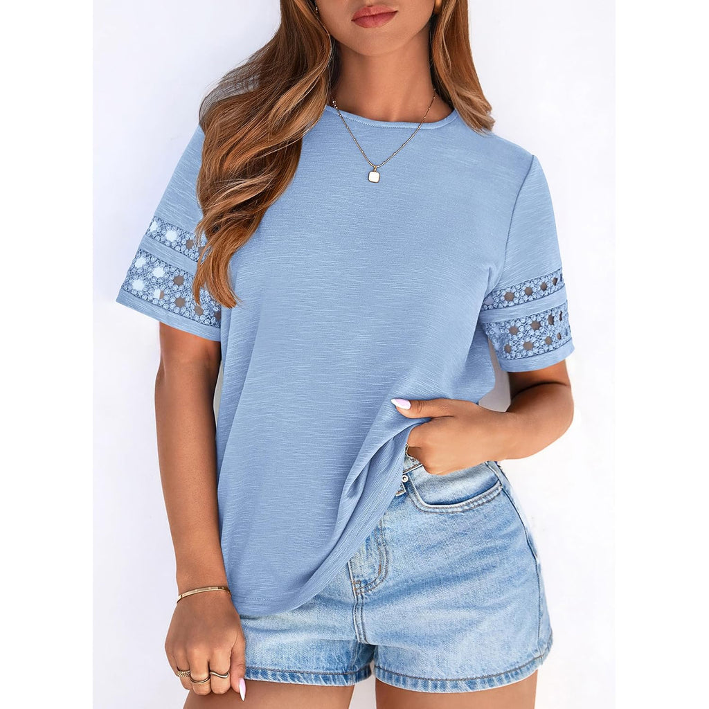 PRETTYGARDEN Summer Tops for Women 2026 Lace Short Sleeve T-Shirts Casual Blouses Spring Fashion Clothes Vacation Outfits
