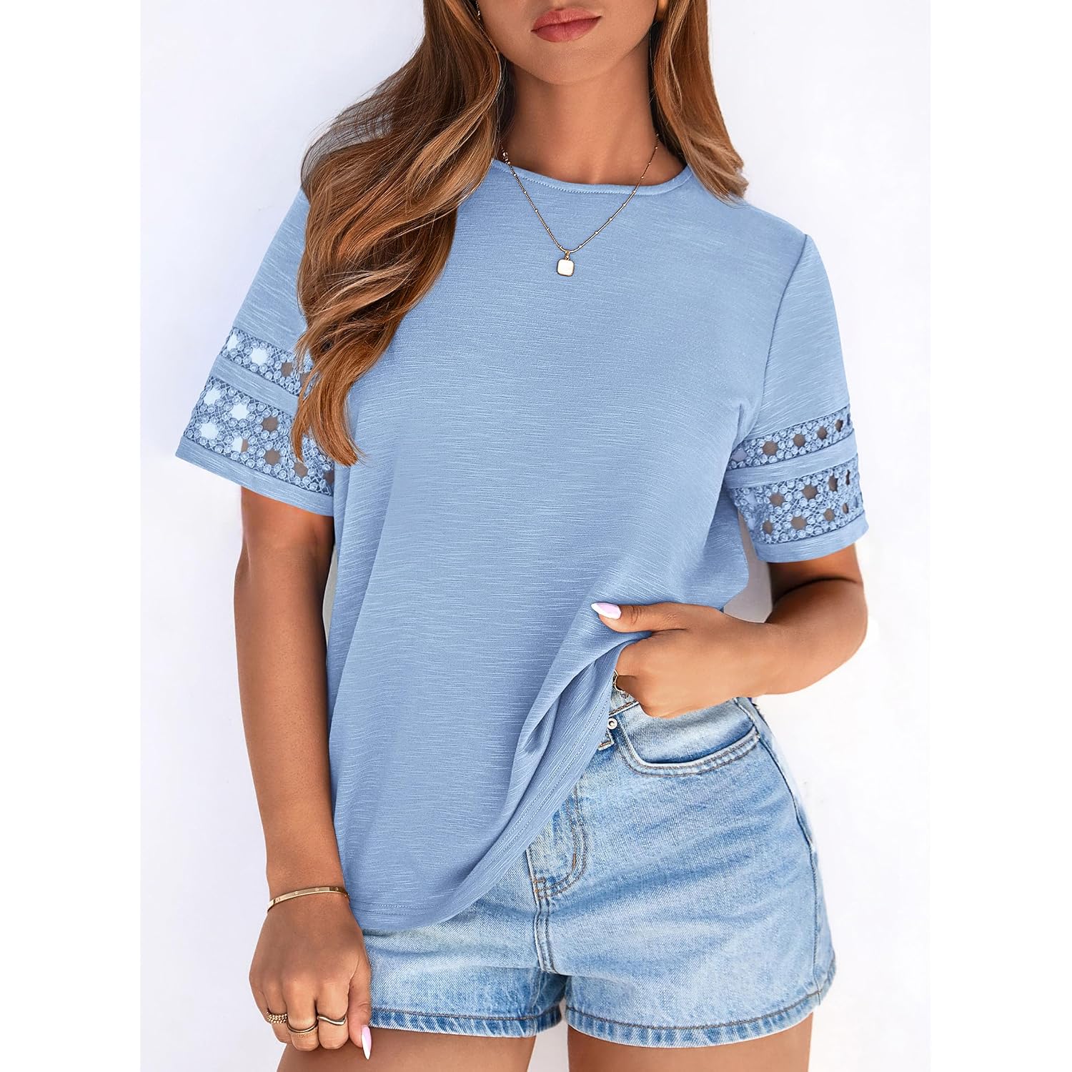 PRETTYGARDEN Summer Tops for Women 2026 Lace Short Sleeve T-Shirts Casual Blouses Spring Fashion Clothes Vacation Outfits