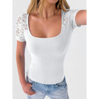 ANRABESS Womens Short Sleeve Shirts Scoop Neck Lace Going Out Tops Slim Fit Rib Knit Casual Tee 2026 Summer Fashion Outfits