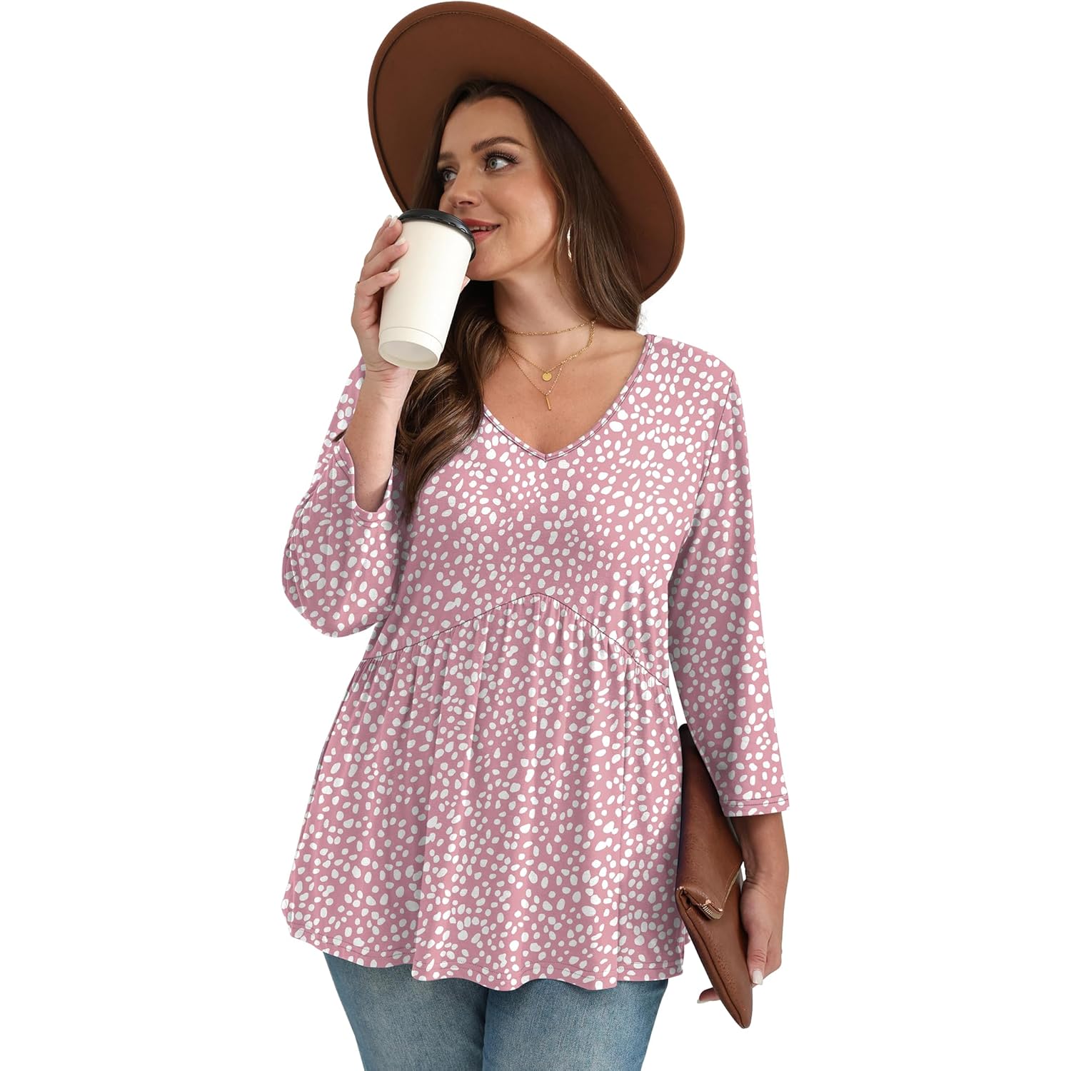 Women's Babydoll V-Neck Tunic Top Pink Dot