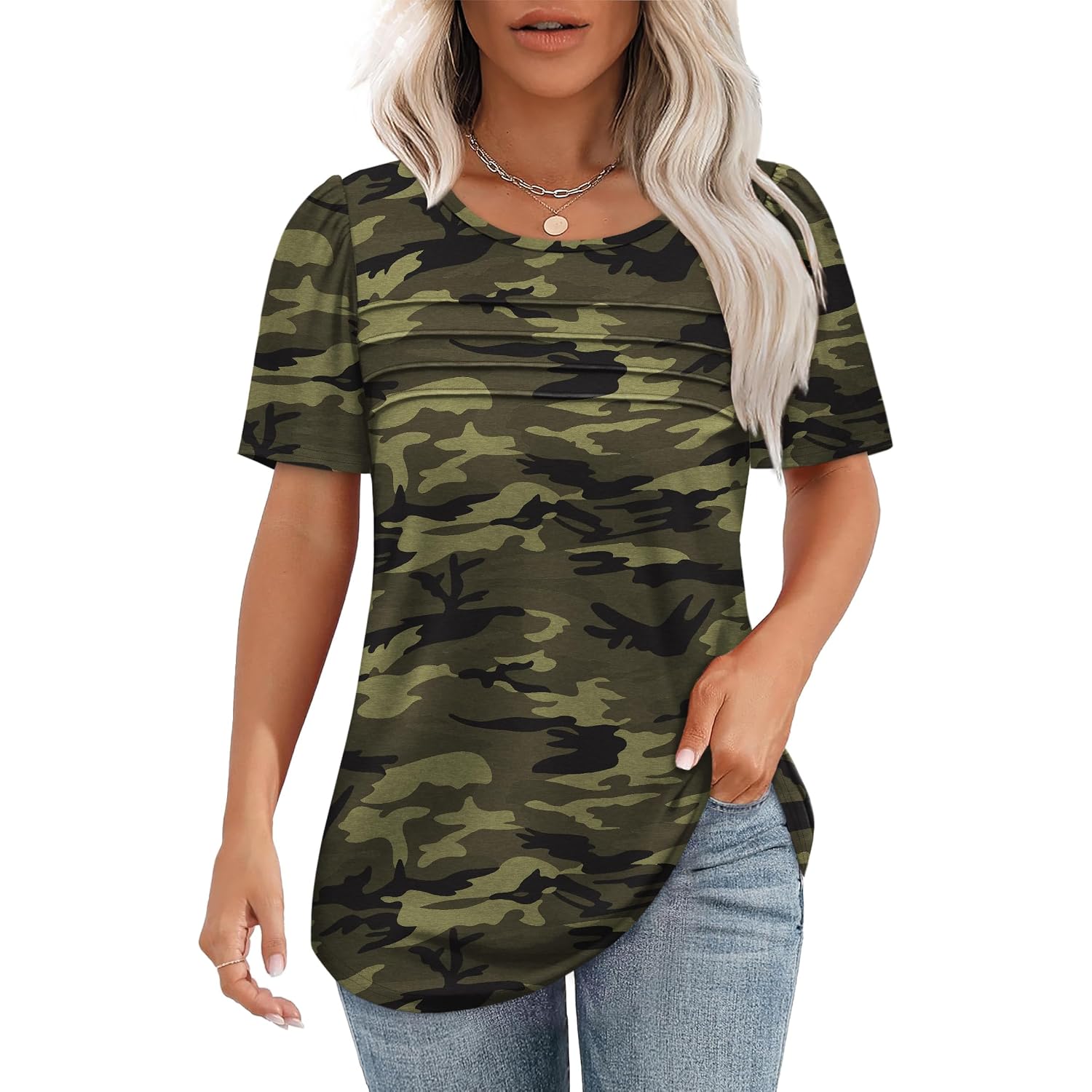 OFEEFAN Womens T Shirts Short Sleeve Tops Dressy Casual Blouses Spring Summer Outfits Flowy Pleated Front Scooped Neck