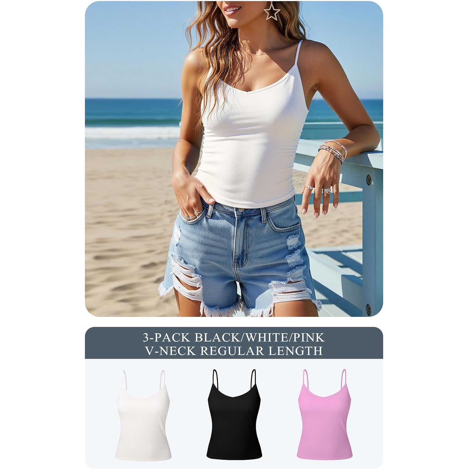 Women's Soft Knit Camisole Tank Top Black/White/Pink