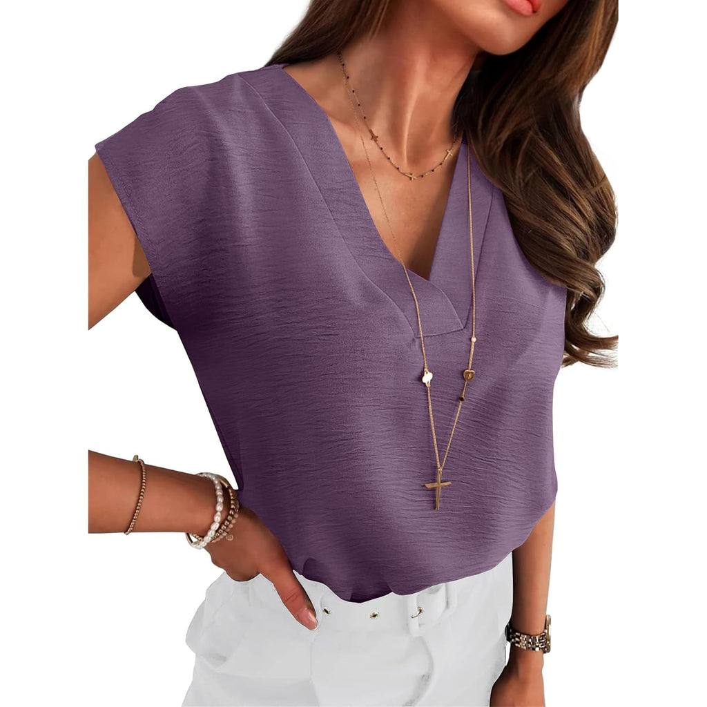 ANRABESS Women Tops Cap Sleeve Dressy Casual V Neck Shirts 2026 Summer Business Work Blouses Outfits Trendy Spring Clothing
