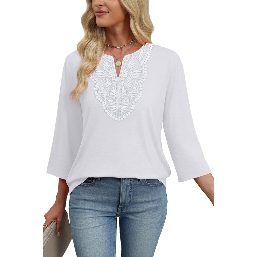 Women's Boho Lace V-Neck Tunic Top White