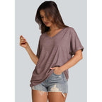 WIHOLL Womens Oversized Tshirts Summer Tops 2025 Short Sleeve V Neck Shirts Outfits Plus Size Clothes