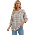Women's Pleated Crew Neck Tunic Top Beige Plaid