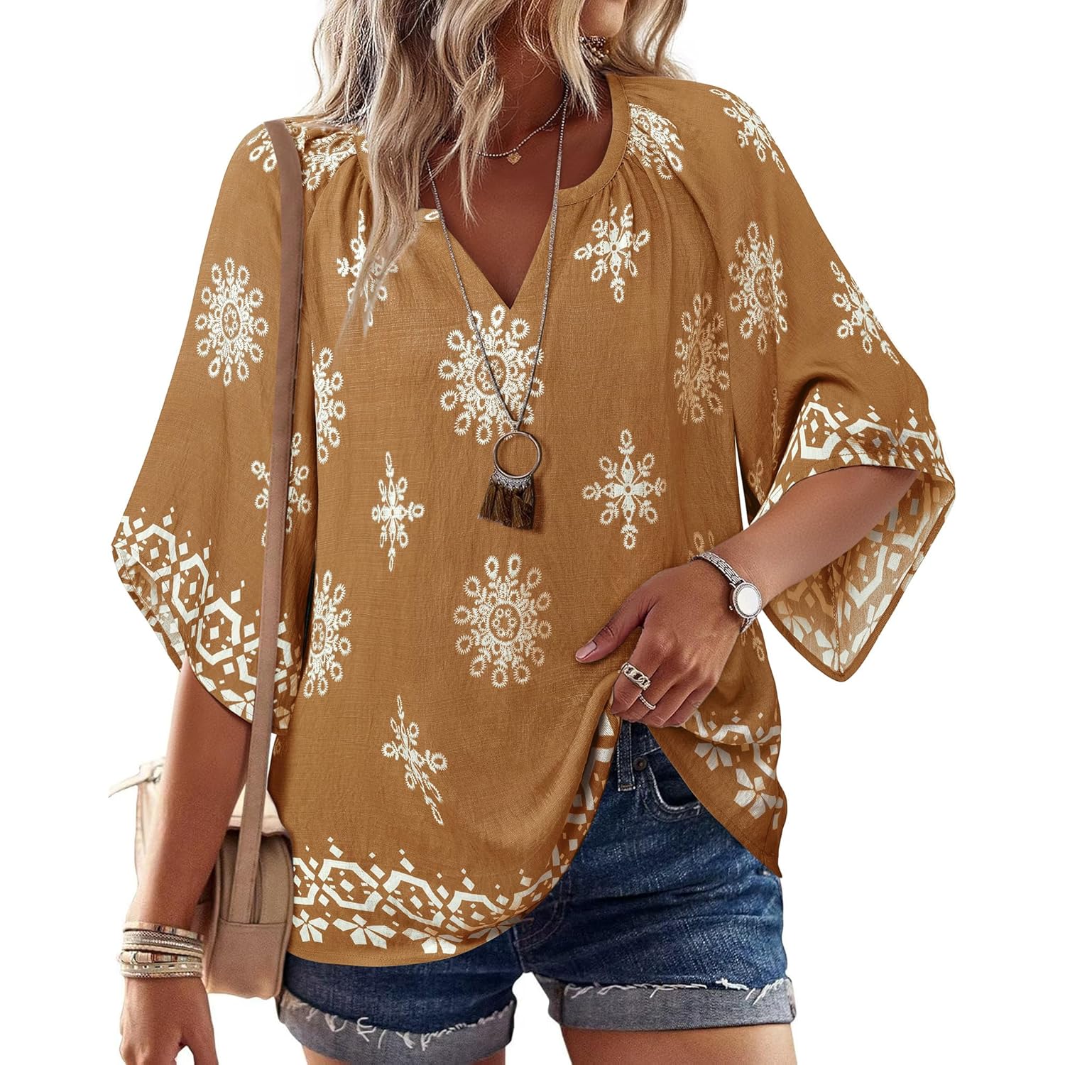 Women's Bohemian Peasant Tunic Top Coffee Multicolor