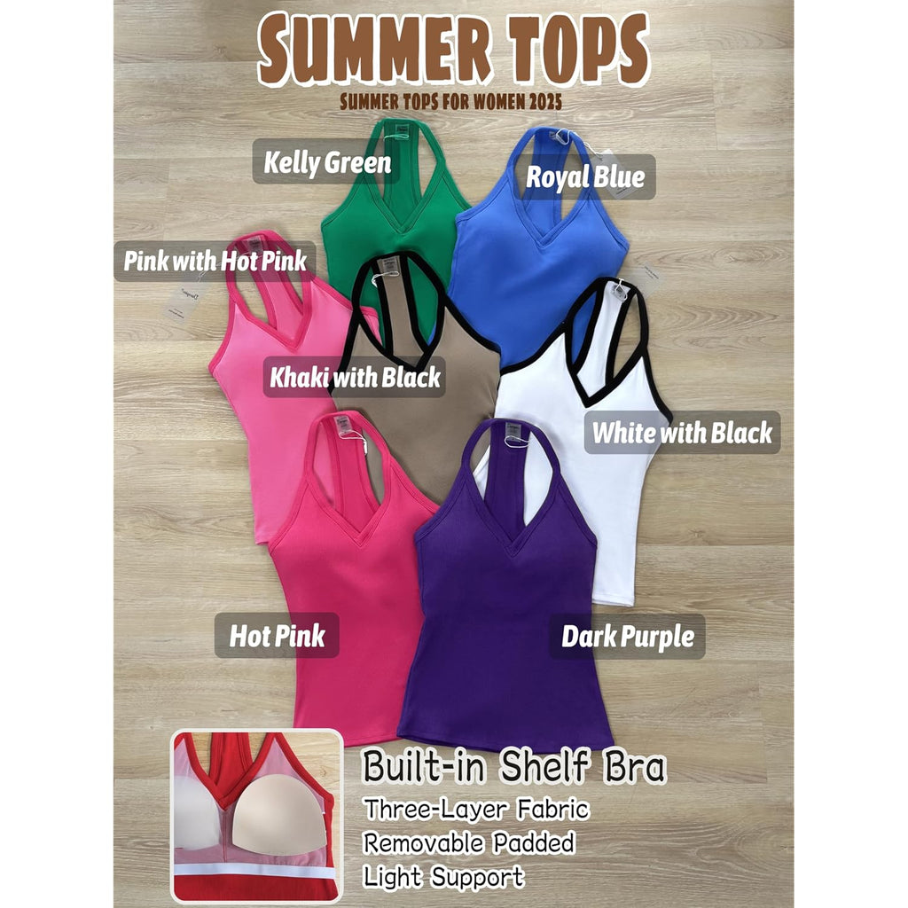 Danysu V Neck Cotton Tank Tops with Built-in Shelf Bra Sleeveless Racerback Fitted Basic Cami Shirts