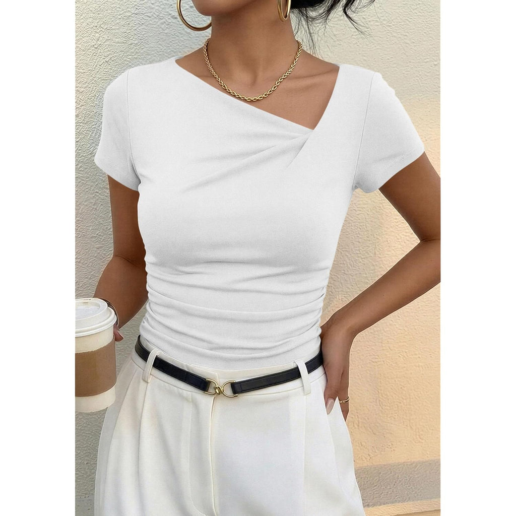 Women's Asymmetrical Ribbed T-Shirt Light Blue Butterfly