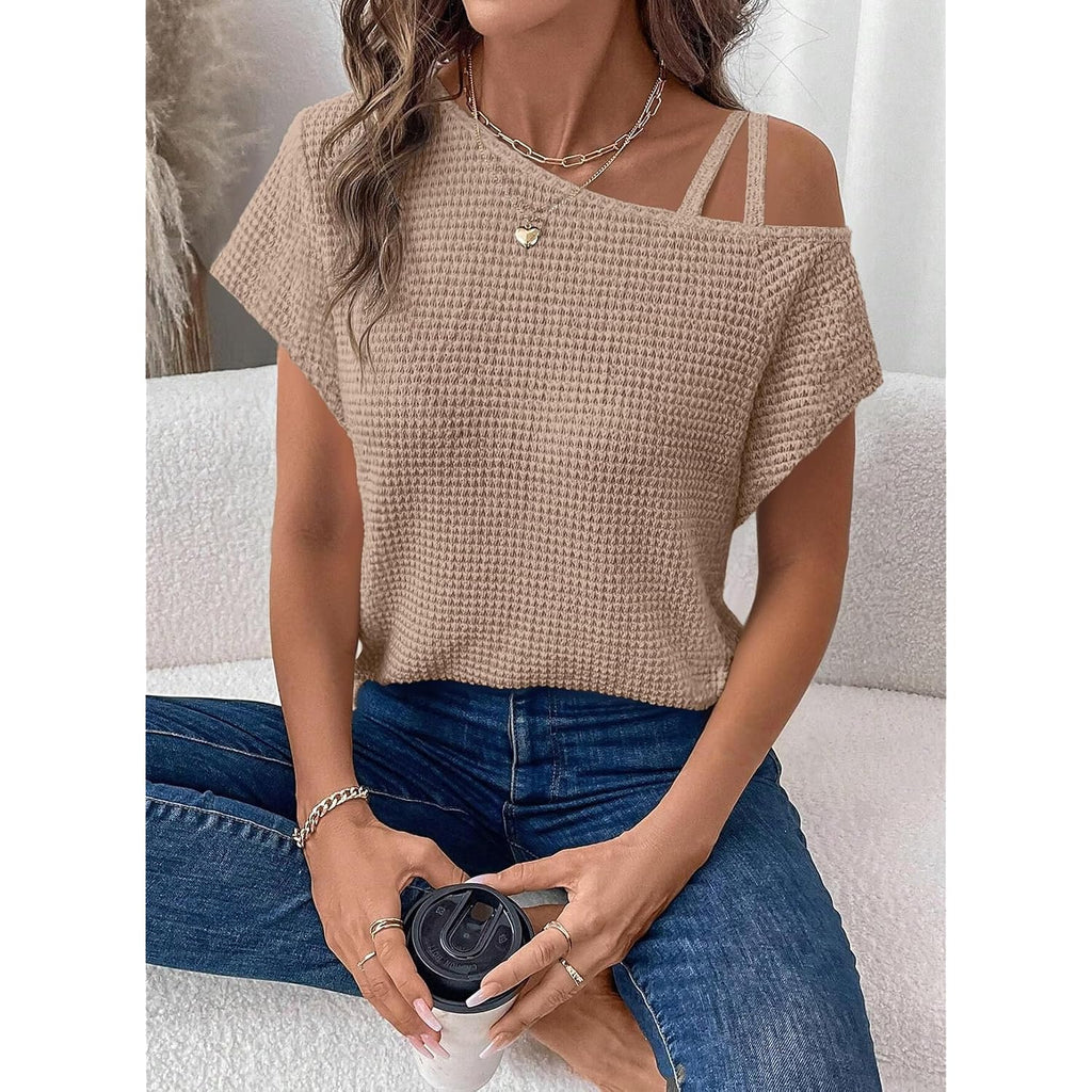 Dokotoo Womens Summer Tops Off One Shoulder Waffle Knit Short Sleeve T-Shirts Casual Lightweight Solid Color Blouses
