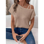 Dokotoo Womens Summer Tops Off One Shoulder Waffle Knit Short Sleeve T-Shirts Casual Lightweight Solid Color Blouses