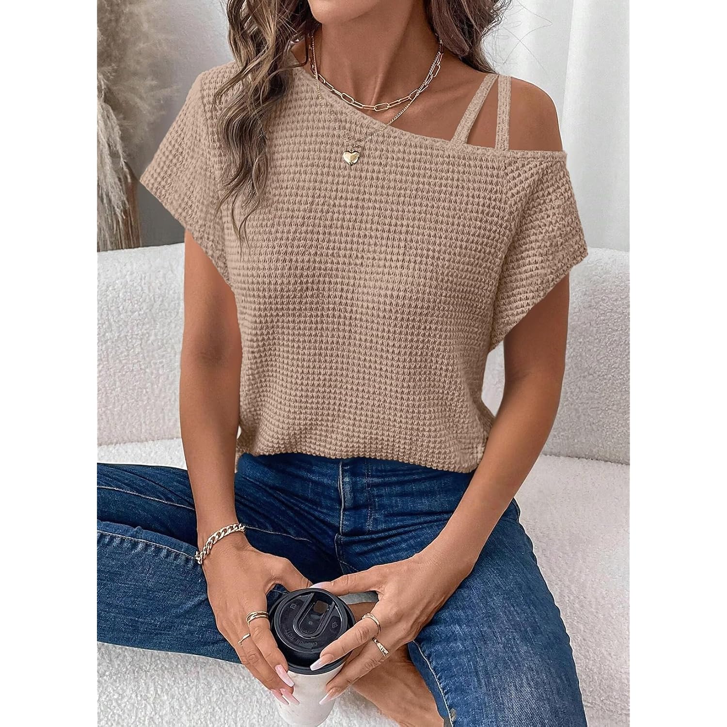 Dokotoo Womens Summer Tops Off One Shoulder Waffle Knit Short Sleeve T-Shirts Casual Lightweight Solid Color Blouses