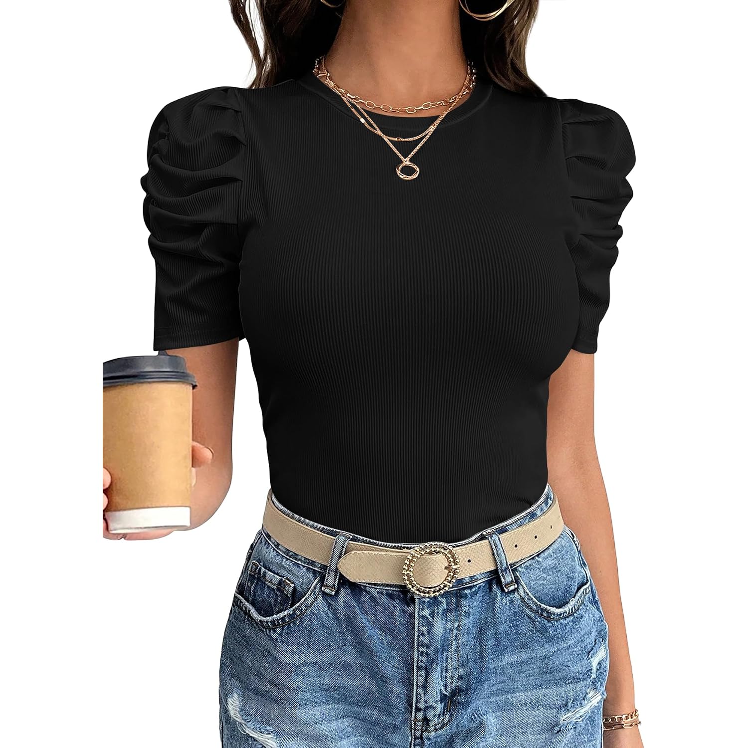 ANRABESS Women Puff Short Sleeve Crewneck Dressy Casual Tops Summer Fitted Ribbed Knit Trendy Work Shirts 2026 Spring Clothes