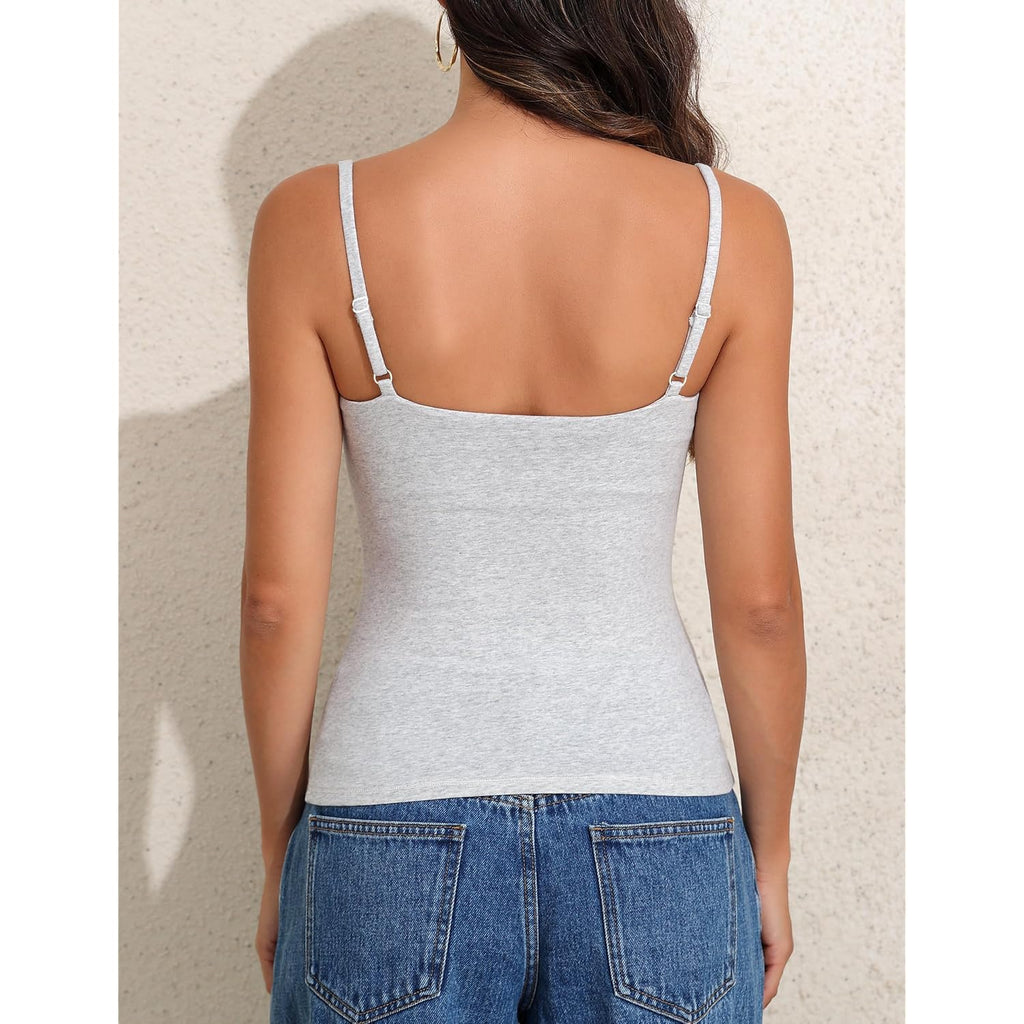 PrettyGuide Women Cotton Cami Tops Built-in Shelf Bra Unpadded Square Neck Crop Tank Top Fitted Basic Camisole Going Out Tees