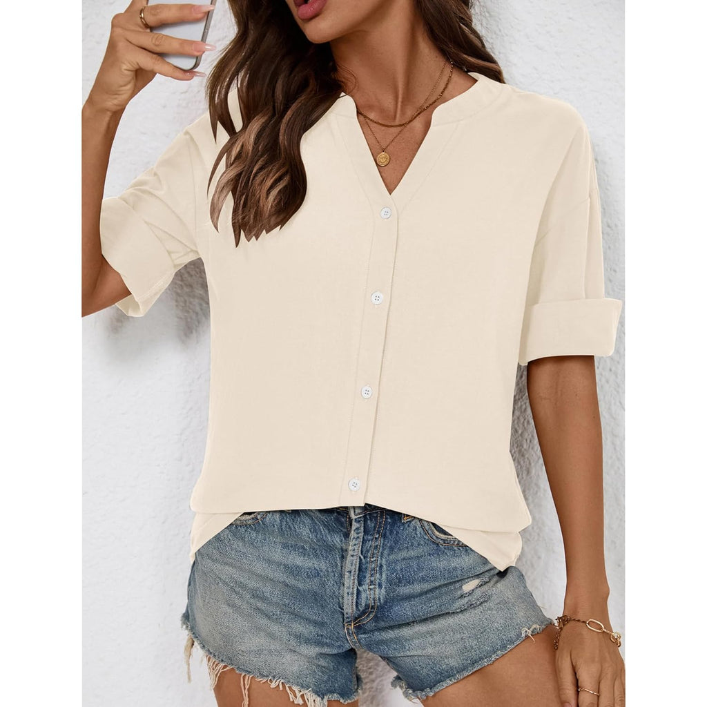 Women's Cotton Linen Button-Up Tunic Top Apricot