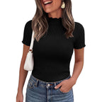 PRETTYGARDEN Short Sleeve T Shirts for Women Summer Clothes 2026 Casual Spring Tops Ruffle Mock Neck Ribbed Fitted Basic Tees