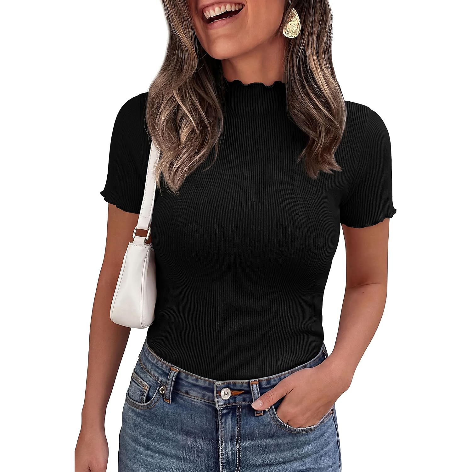 PRETTYGARDEN Short Sleeve T Shirts for Women Summer Clothes 2026 Casual Spring Tops Ruffle Mock Neck Ribbed Fitted Basic Tees