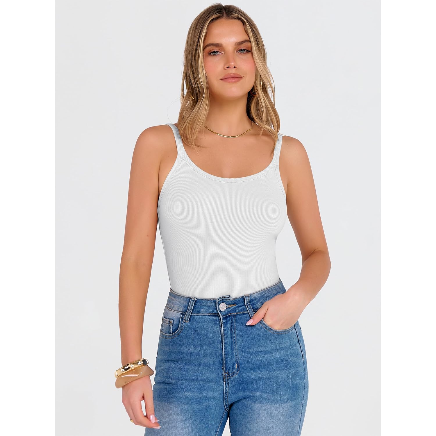Women's Ribbed Scoop Neck Tank Top White