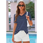 PRETTYGARDEN Short Sleeve Shirts for Women 2026 Spring V Neck Cute Tops Casual Striped Shirt Knitted Tees Summer Outfits