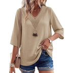 Women's Boho Lace V-Neck Tunic Top Light Khaki
