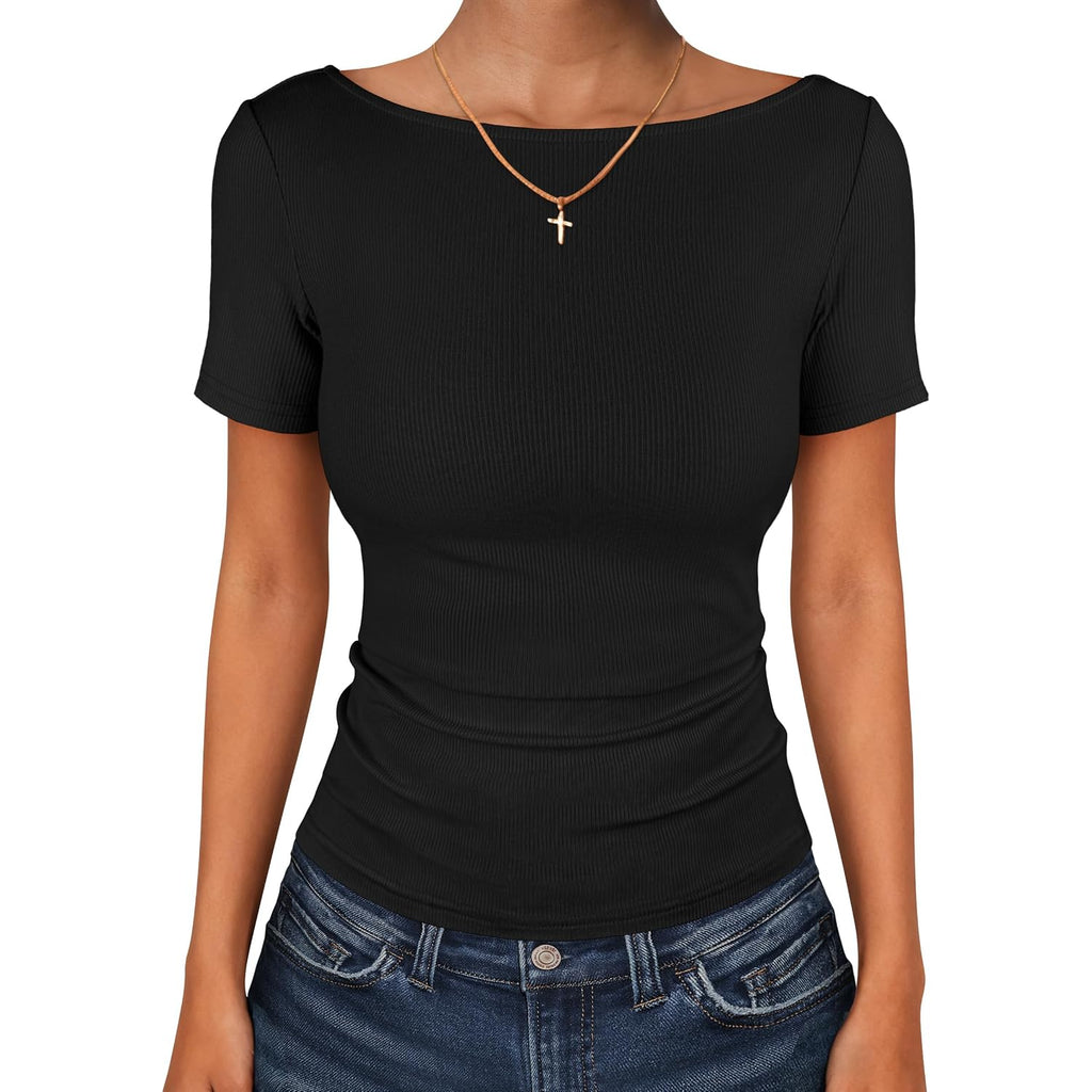 ANRABESS Women's Boat Neck Short Sleeve Top, Ribbed Knit Fitted T Shirts, All-Day Comfy for Work, Daily & Summer Tee Shirts