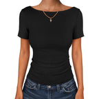 ANRABESS Women's Boat Neck Short Sleeve Top, Ribbed Knit Fitted T Shirts, All-Day Comfy for Work, Daily & Summer Tee Shirts
