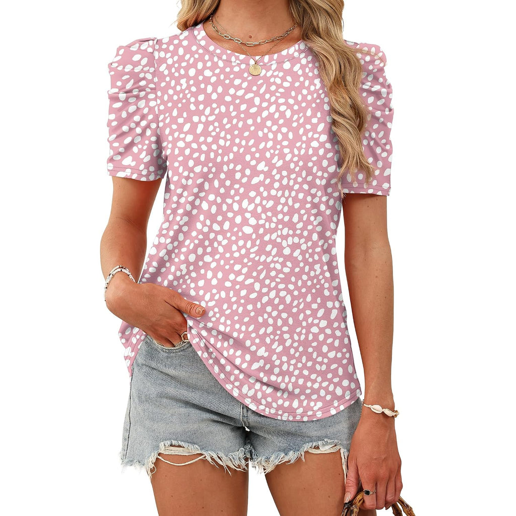 WIHOLL Summer Tops for Women Puff Sleeve Crewneck T Shirts Dressy Casual Blouses Spring Outfits Fashion Clothes