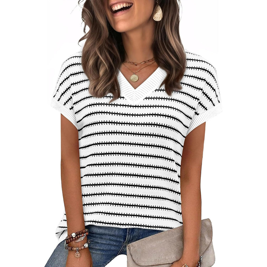 WIHOLL Womens Short Sleeve Sweater V Neck Cute Tops Trendy Spring Summer Striped Pullover Crochet Sweater Vest