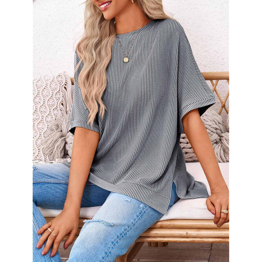 Women's Ribbed Batwing Tunic Top Grey