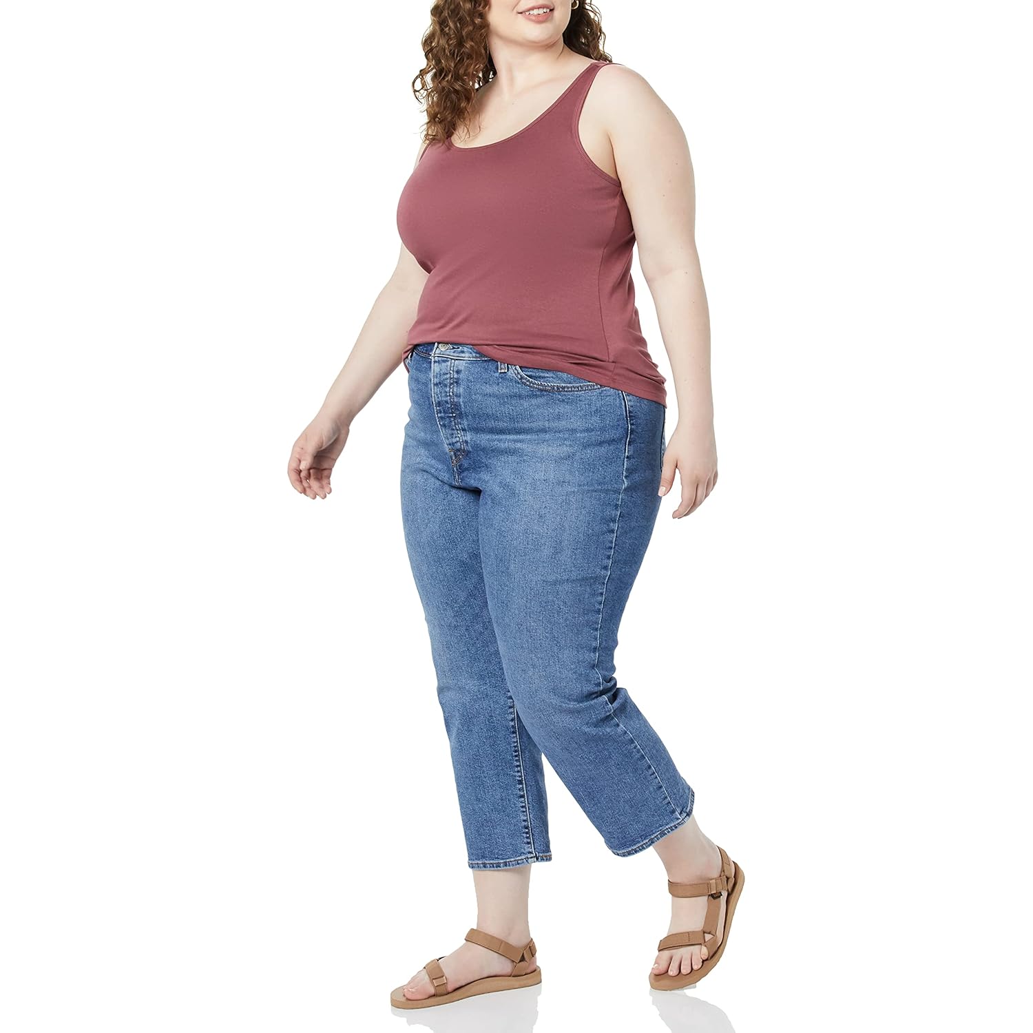 Women's Slim-Fit Scoop Neck Tank Top Beige/Raspberry Red