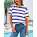 BTFBM Summer Tops for Women 2026 Crewneck Short Sleeve Striped T Shirts Casual Spring Clothes Color Block Basic Tee Blouses