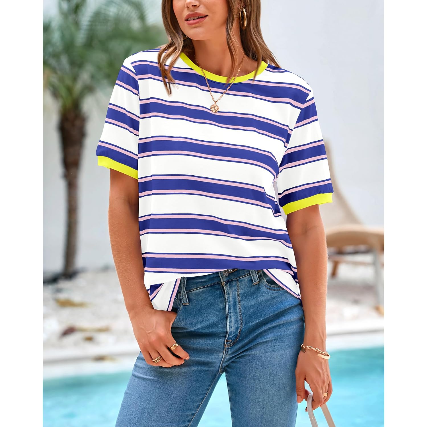 BTFBM Summer Tops for Women 2026 Crewneck Short Sleeve Striped T Shirts Casual Spring Clothes Color Block Basic Tee Blouses