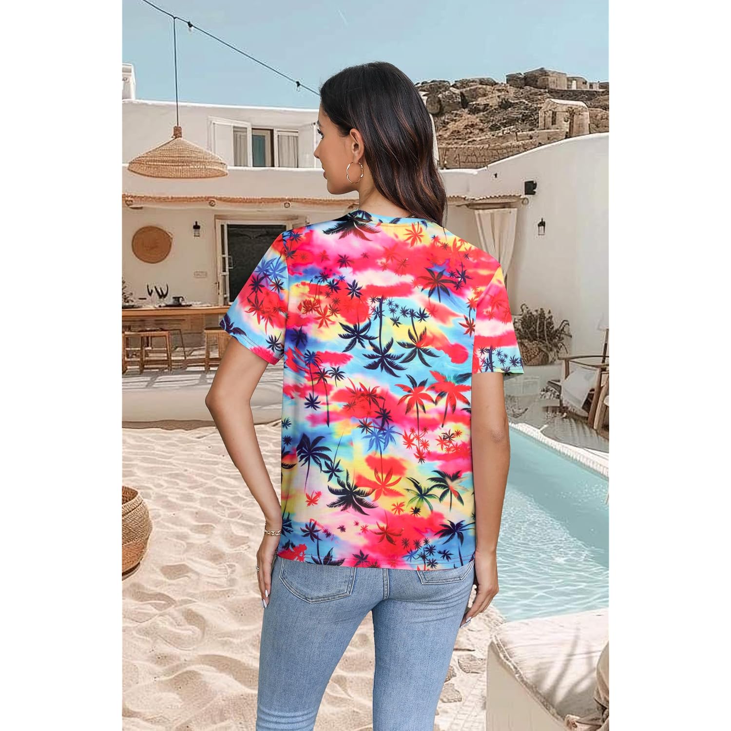 Women Hawaiian Shirt Soft Cool Summer Hawaii Tshirts Floral Tropic Print V Neck Short Sleeve Beach Tee Tops