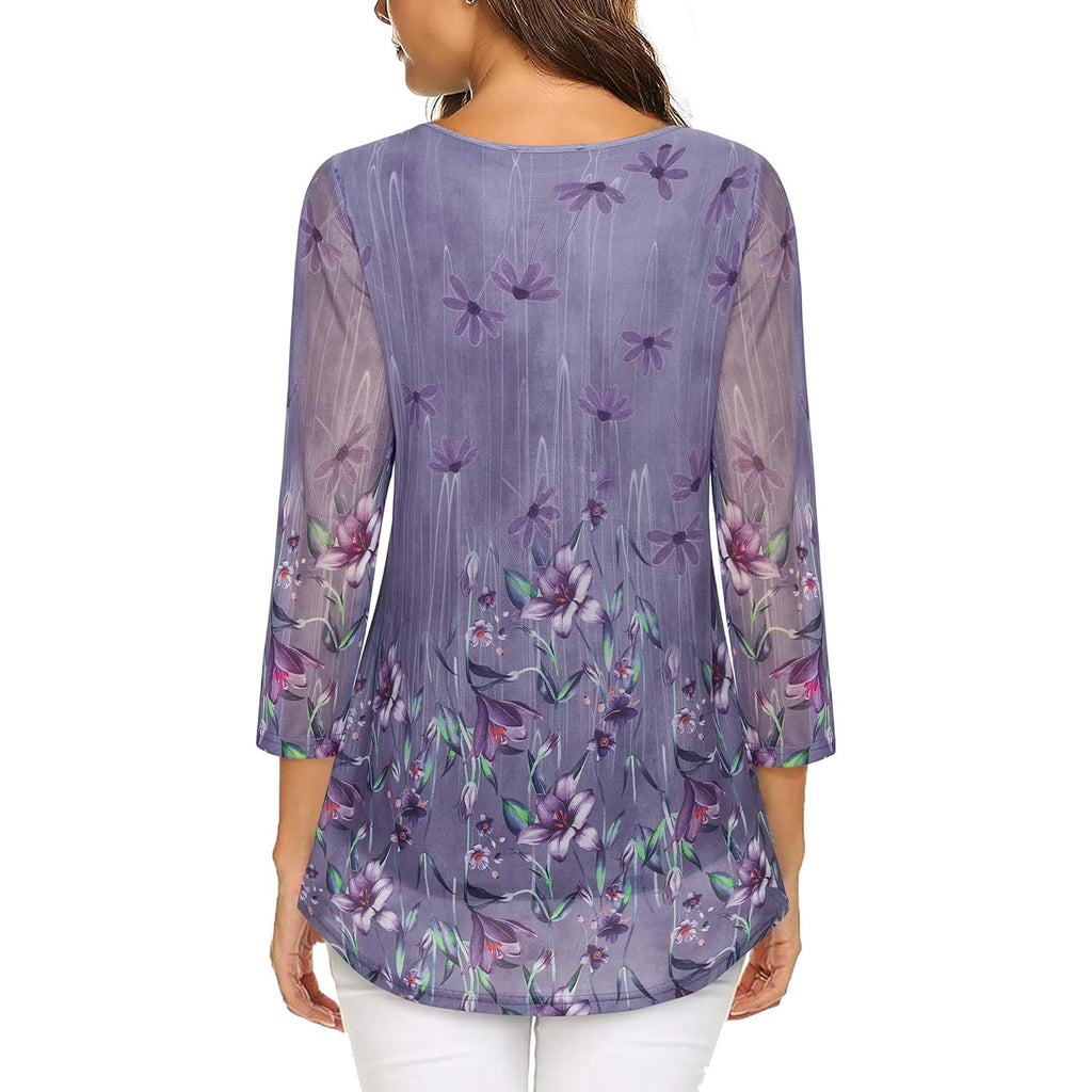 Women's Mesh Pleated Floral Tunic Top Spring Purple