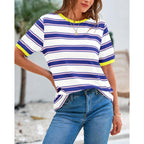 BTFBM Summer Tops for Women 2026 Crewneck Short Sleeve Striped T Shirts Casual Spring Clothes Color Block Basic Tee Blouses