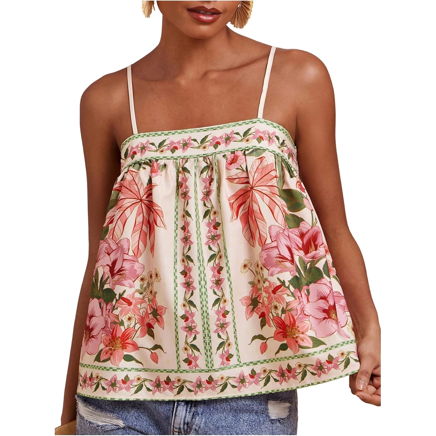 SOLY HUX Women's Boho Floral Cami Top Spaghetti Strap Sleeveless Vacation Summer Camisole