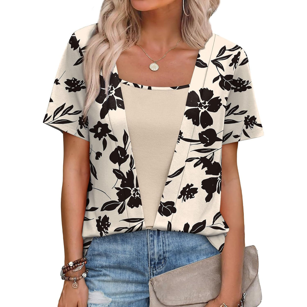 WIHOLL Womens Summer Tops Trendy 2 in 1 Blouses Short Sleeve Shirts Casual T Shirts Beach Vacation Clothes
