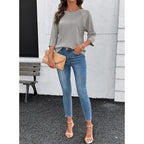 Dokotoo Womens Tops Spring Summer 3/4 Length Sleeve Fashion T Shirts for Women Crewneck Waffle Knit Casual Loose Tee Blouses