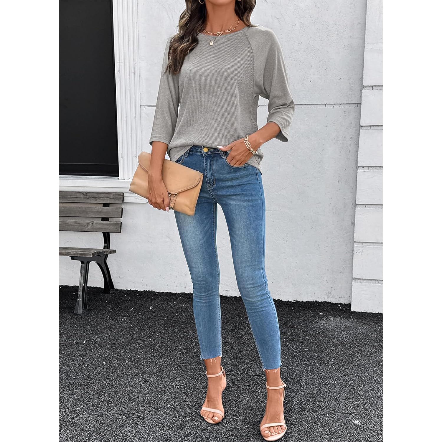 Dokotoo Womens Tops Spring Summer 3/4 Length Sleeve Fashion T Shirts for Women Crewneck Waffle Knit Casual Loose Tee Blouses