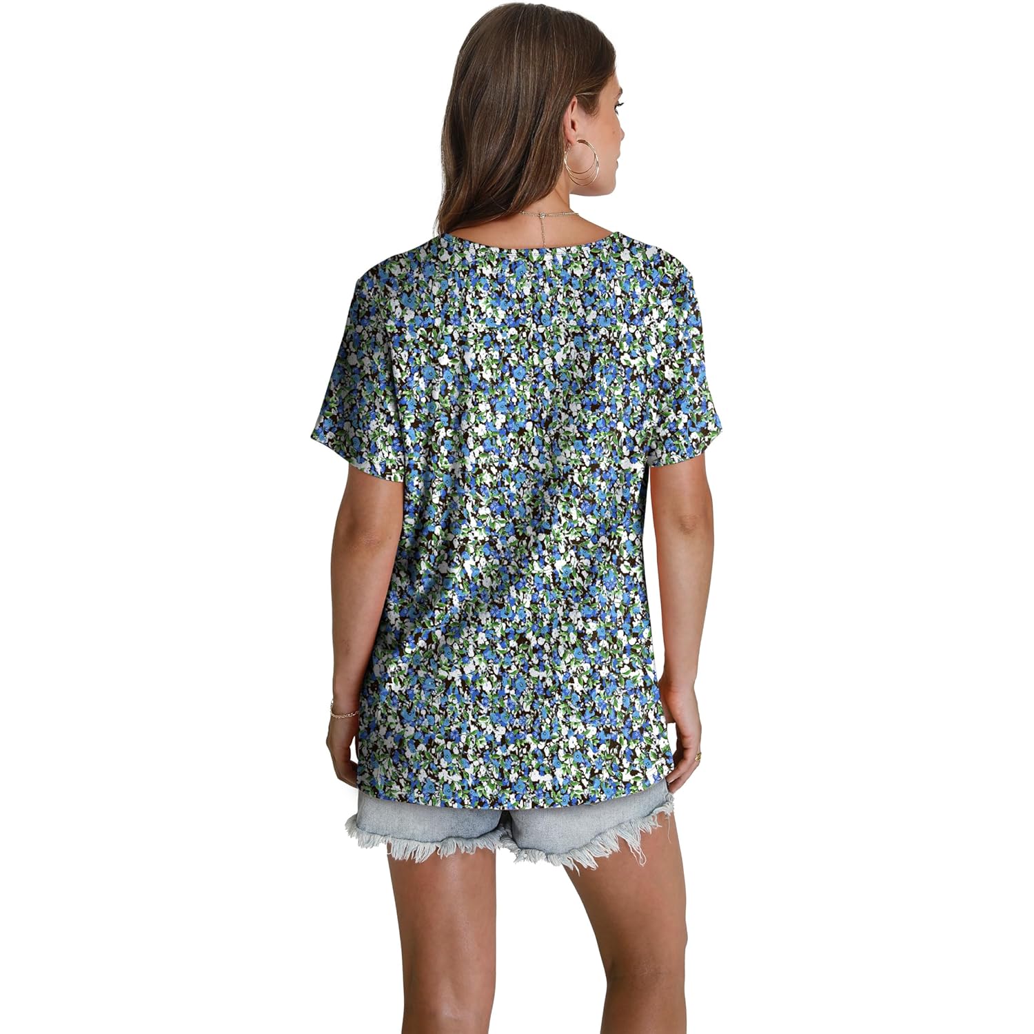 Women's Pleated V-Neck Tunic Top Floral Blue