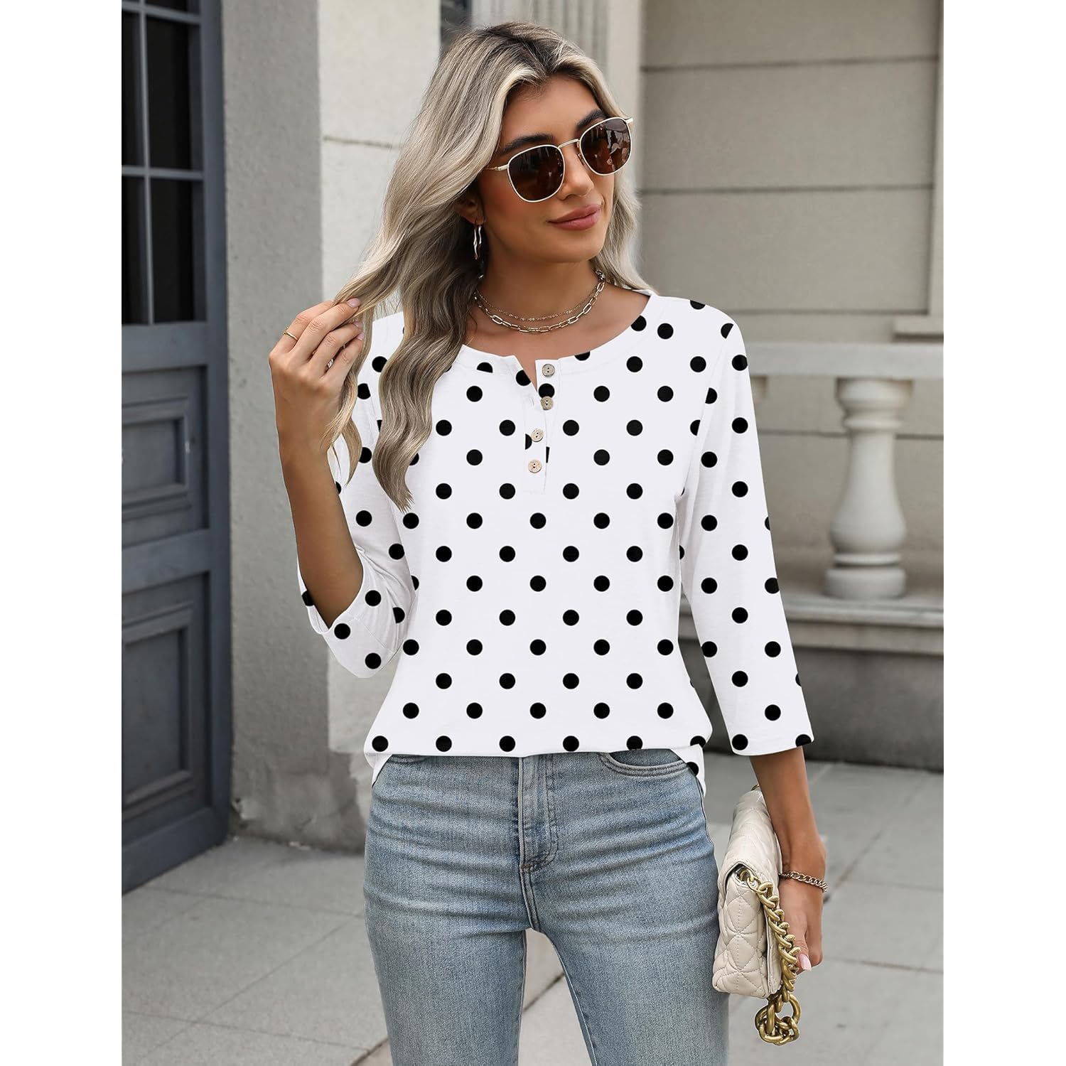 Women's Crew Neck Business Tunic Top Polka Dots