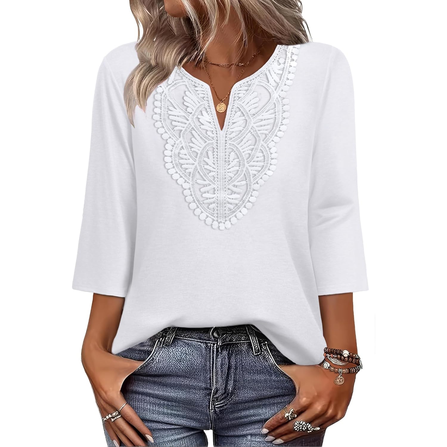 Women's Boho Lace V-Neck Tunic Top White