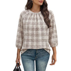 Women's Pleated Crew Neck Tunic Top Beige Plaid