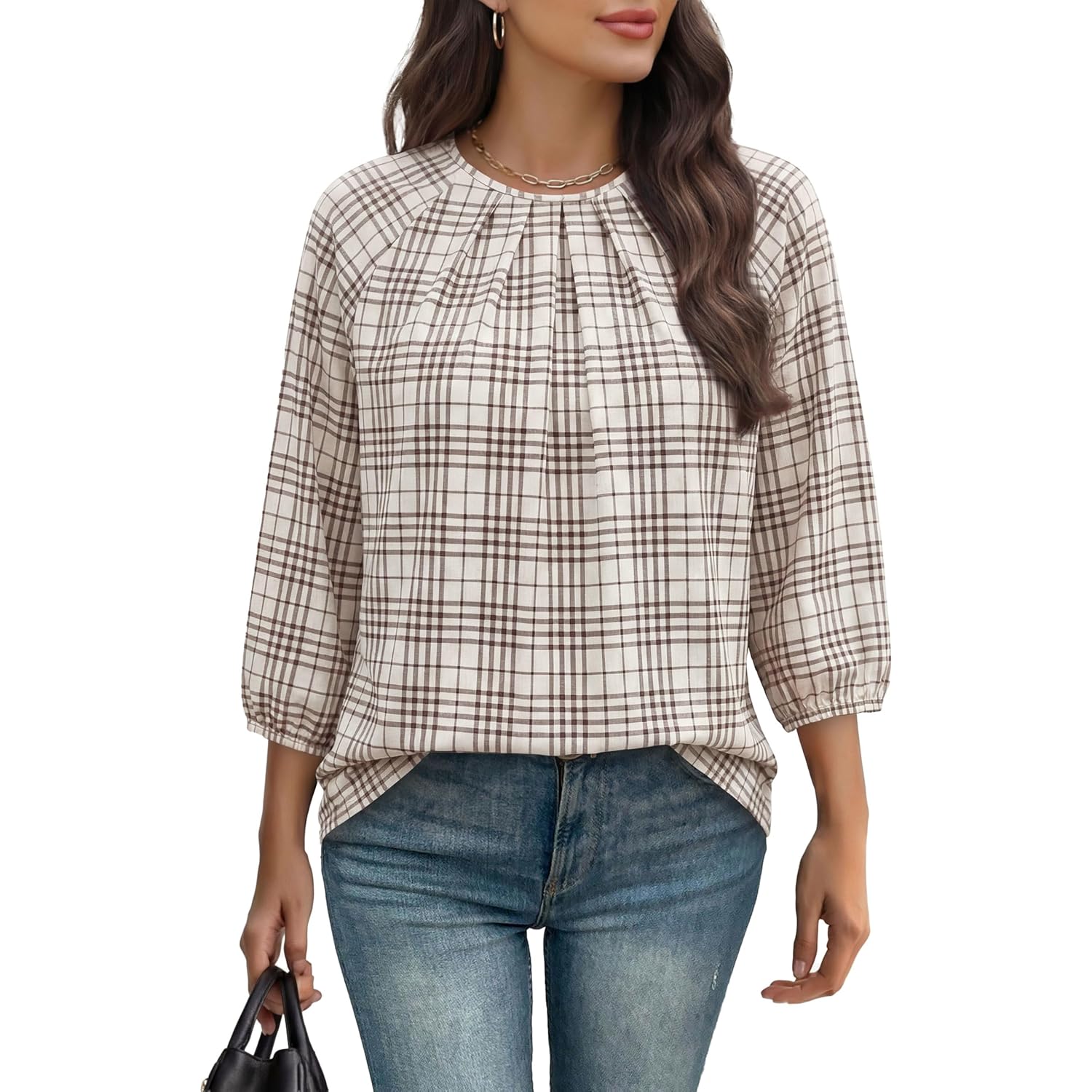 Women's Pleated Crew Neck Tunic Top Beige Plaid