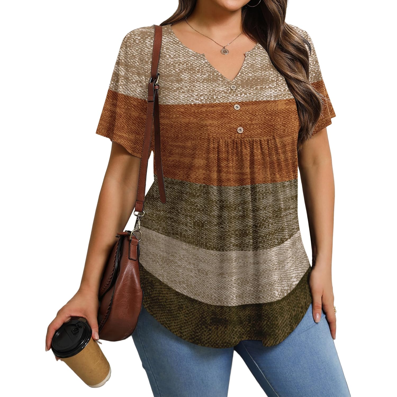 Women's Button-Up Pleated V-Neck Tunic Top Multicolor Block