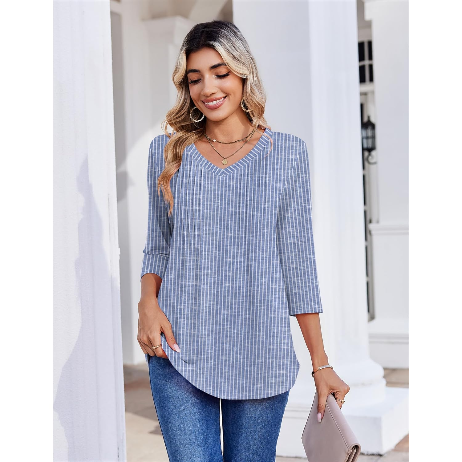 Women's Pleated Floral V-Neck Tunic Top Striped