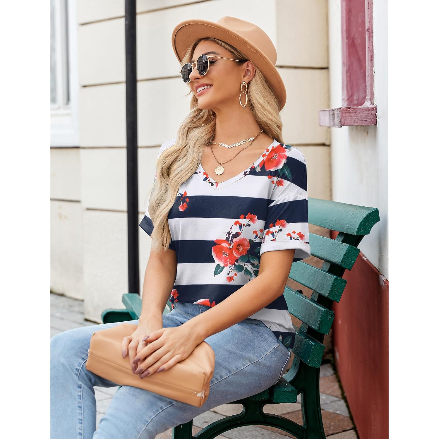 Zeagoo Womens Summer Tops Short Sleeve Casual Shirts Floral Tee Trendy 2026 Basics V Neck Plain Tshirt