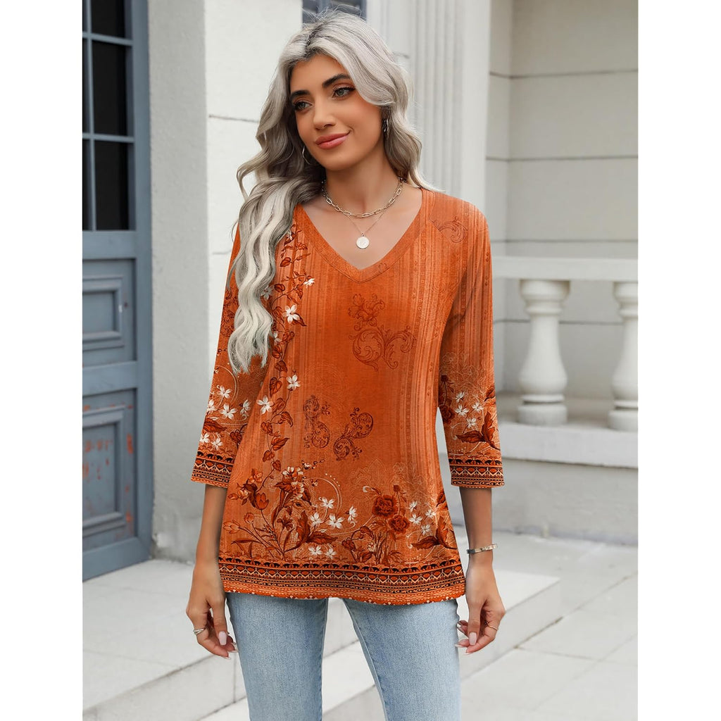 Women's Soft Basic V-Neck Tunic Top Caramel Print
