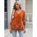Women's Soft Basic V-Neck Tunic Top Caramel Print