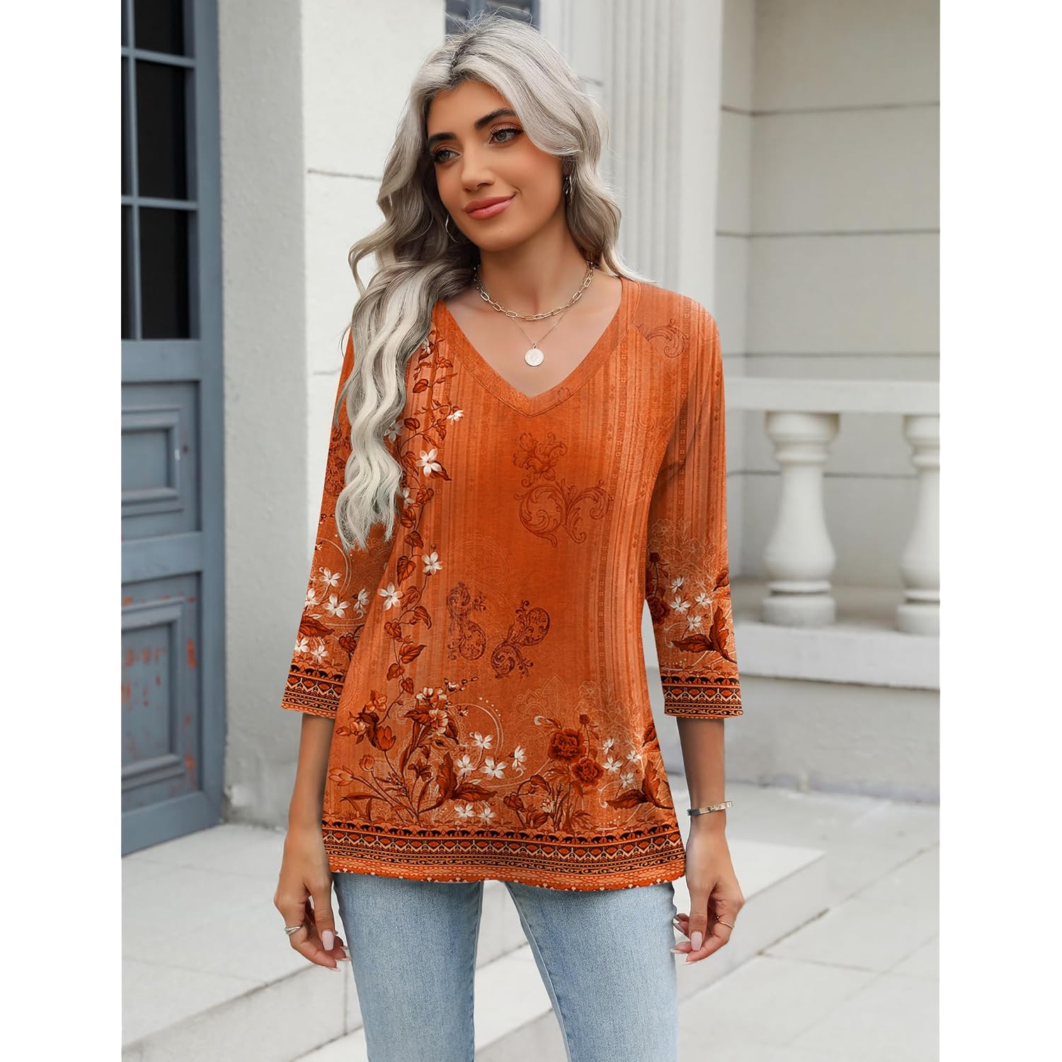 Women's Soft Basic V-Neck Tunic Top Caramel Print